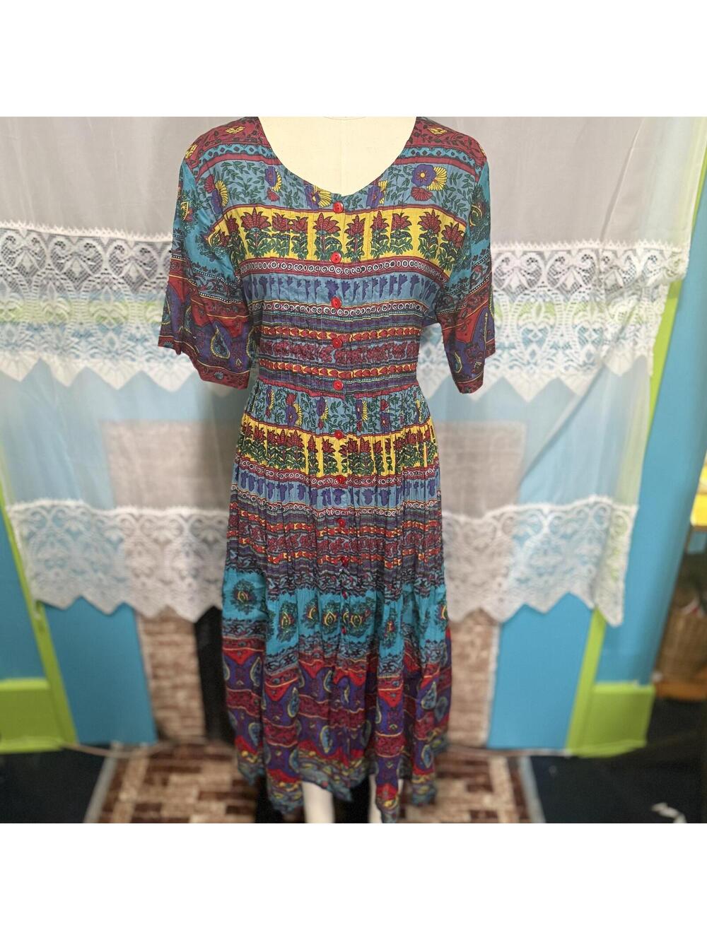 VTG 90s Carroll Reed Cottagecore Ethnic Pattern 100% Cotton Buttondown size L